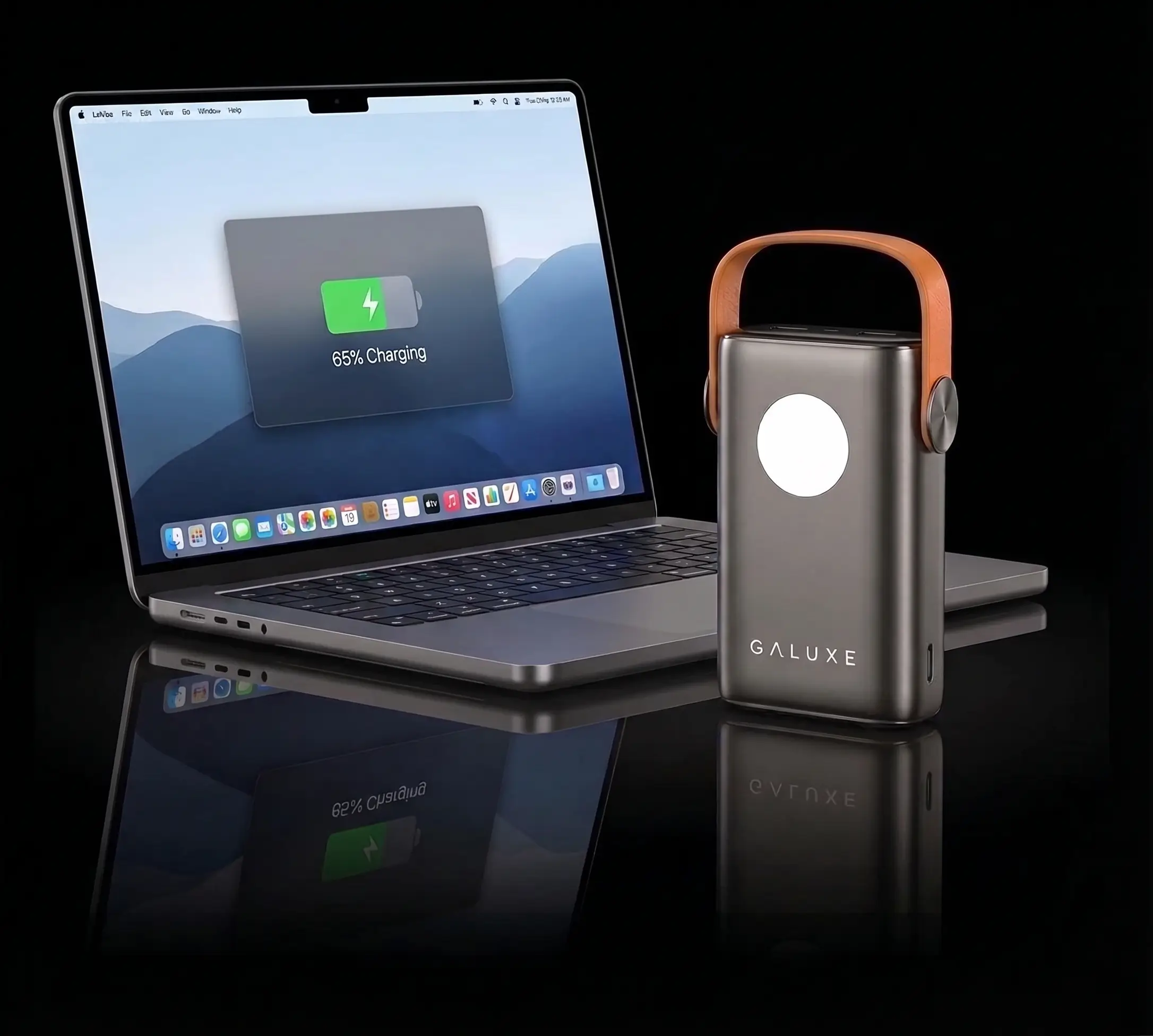 Galuxe Power Silo charging a laptop, screen showing 65 percent charging