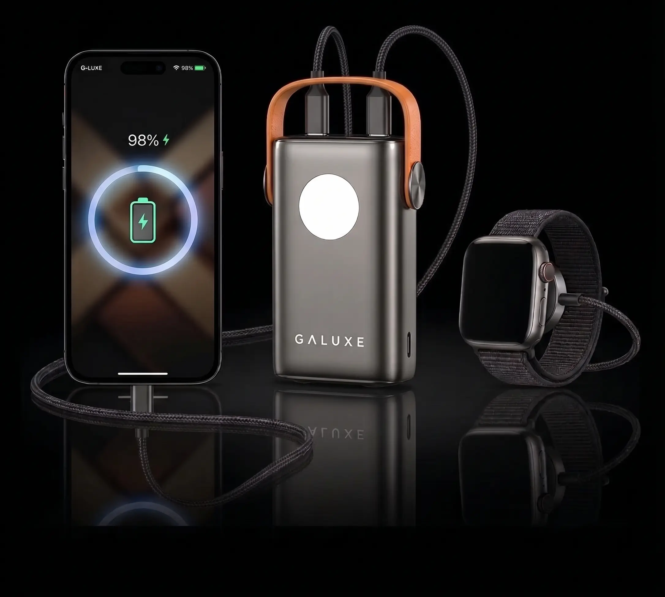 Galuxe Power Silo charging a phone and a smartwatch at the same time