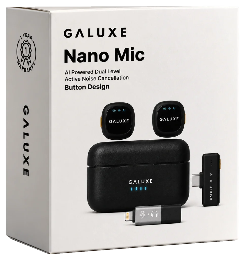 GALUXE Nano Mic retail box: two wireless microphones, charging case, USB-C receiver and Lightning adapter, with 1 year warranty