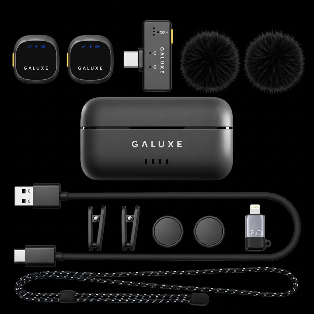 GALUXE Nano Mic complete kit: two wireless microphones, charging case, receivers, windscreens, clips, magnets and neck rope